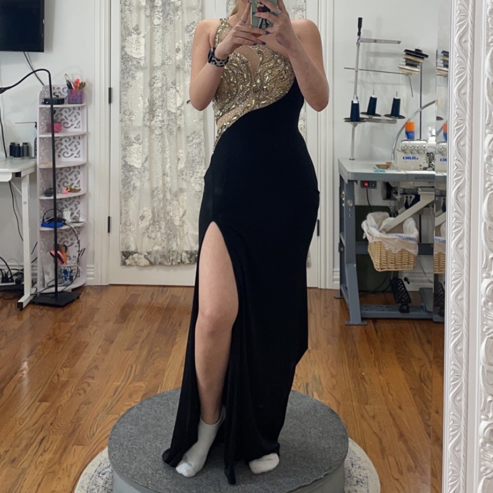 Prom dress black and gold open back slit